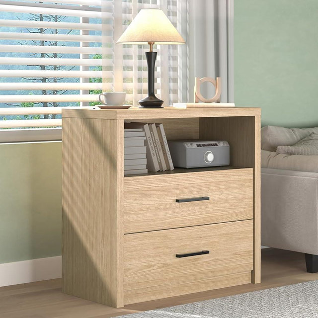 Zhiseek Night Stand with 2 Drawers, 31 Inch Tall Large Bedside Table with Open Shelf, Wood Small Dresser Chest of Drawers for Bedroom, Entryway, Hallway, Oak