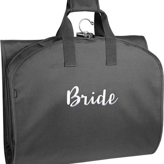 WallyBags Garment Bag 60-Inch Premium Tri-Fold Travel Exterior Pocket, Black-B1, Bride Embroidery