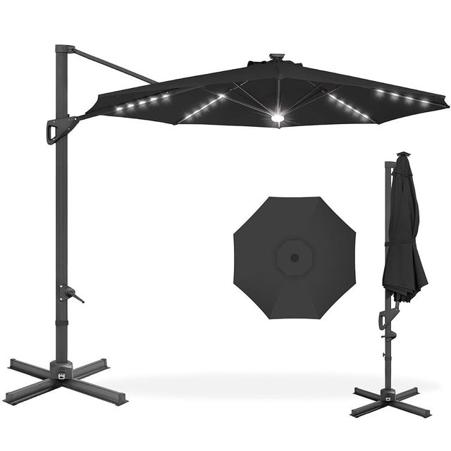 Best Choice Products 10ft Solar LED Cantilever Patio Umbrella, 360-Degree Rotation Hanging Offset Market Outdoor Sun Shade for Backyard, Deck, Poolside w/Lights, Easy Tilt, Cross Base