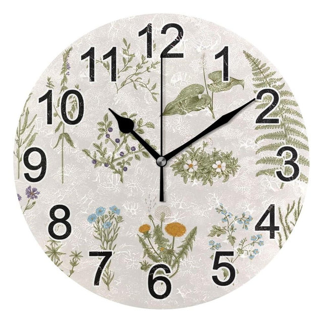 BOENLE Herbs Flowers Botanical Set Wall Clock Non Ticking Silent Kitchen Clock Large Decorative Battery Operated Clocks 10 inch for Living Room Bedroom Decor