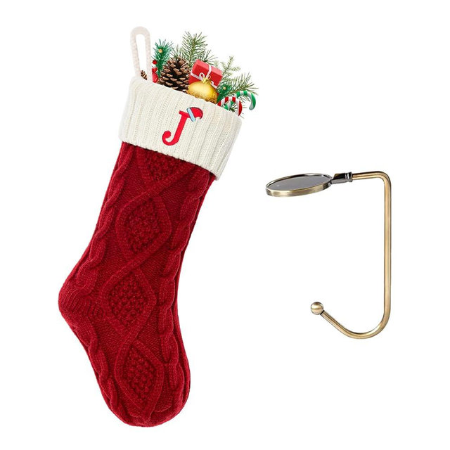 VRFASHION Christmas Stockings with Initials, Letter J Embroidered Xmas Stockings, 18" Large Monogram Knitted Xmas Stocking, Christmas Party Fireplace Family Hanging Stocking Decorations 1Pcs Red-White