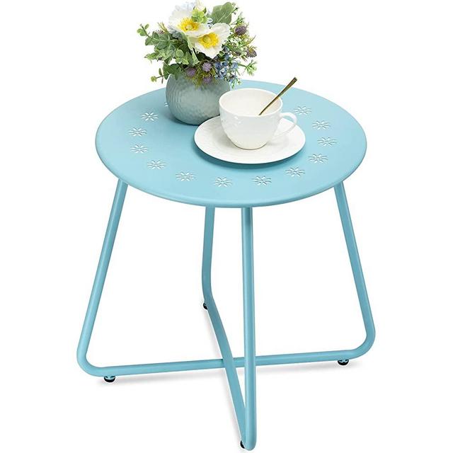 danpinera Outdoor Side Tables, Weather Resistant Steel Patio Side Table, Small Round Outdoor End Table Metal Side Table with Flower Cut Outs for Patio Yard Balcony Garden Blue