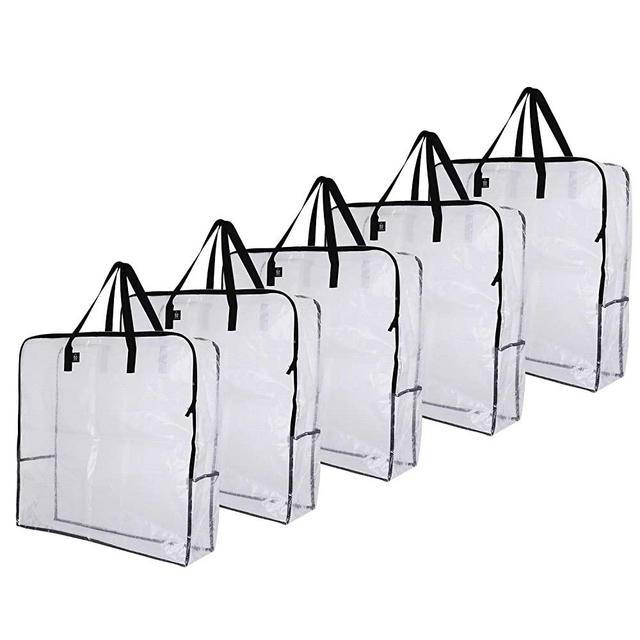 VENO Over-Sized Clear Storage Bag W/Strong Handles and Zippers for College Carrying, Moving, Christmas Decorations Storage, Under The Bed Storage, Garage Organizer, Made of Recycled Material (5-Pack)