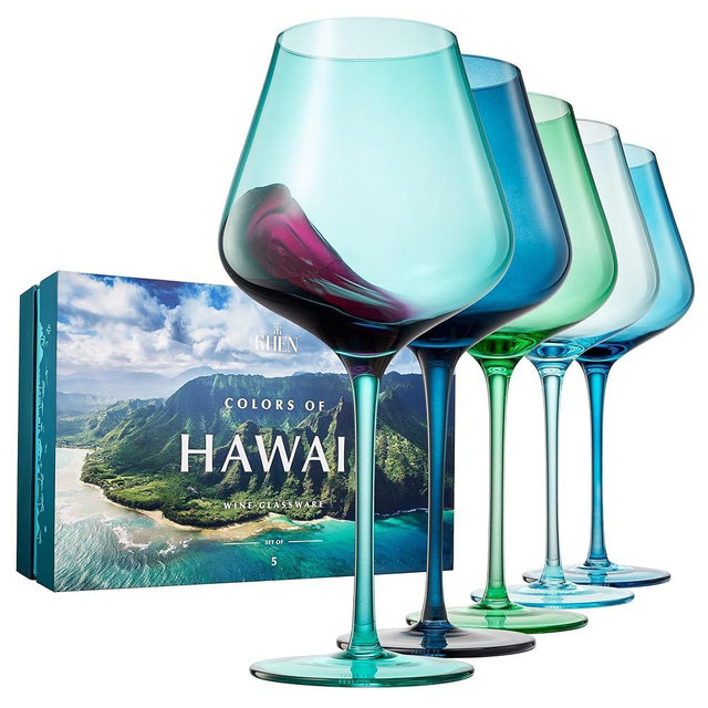 Hawaii Beach Colored Wine Glass Set, 20oz Glasses | Set of 5 | Traveler, Explorer, Tropical Gift - Special Celebrations Drinkware For Red & White Wine, Unique Style Tall Stemmed Glass