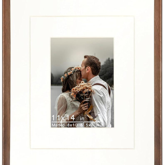 VAUWINEK 11x14 Picture Frame, Display Photos 5x7/8x10 with Mat or 11x14 without Mat, Made of Solid Walnut Wood with Real Glass Vertical Horizontal Standing for Desk Tabletop Wall Hanging Gallery