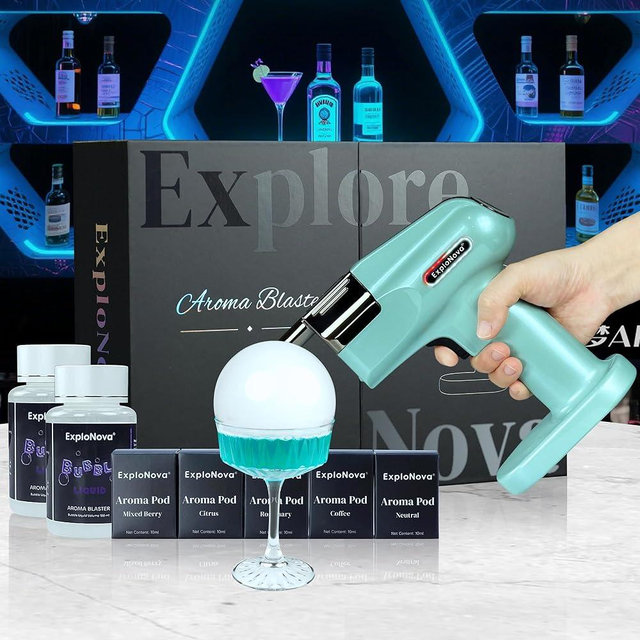 ExploNova Cocktail Bubble Smoke Gun with 5 Flavour Aroma Pods and Edible Bubbles, Aroma Blaster 2, Food Drink Decor Perfect for Bar, Party and Home, Great Gift for Engagements and Celebration - Cyan