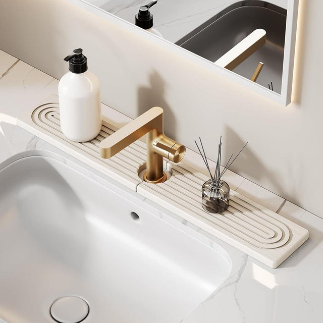 24 Inch Stone Faucet Mat for Kitchen Sink Splash Guard - Diatomite Quick Dry Stone Mat Kitchen Sink Protectors, Water-Absorbent Faucet Handle Drip Catcher Tray with Drainage(White, 23.6" x 3.9")