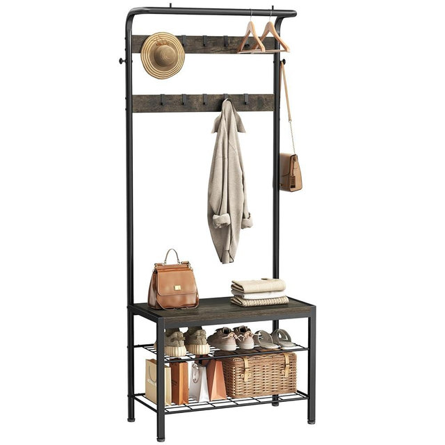 KMFurnila Hall Tree with Bench and Shoe Storage, 4-in-1 Entryway Organizer with 10 Hooks and Storage Shelf,Coat Rack Freestanding with 2-Tier Storage Shelf for Living Room, Bedroom Gray