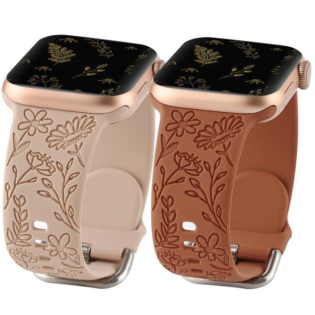 2 Pack Flower Engraved Sport Strap Compatible with Apple Watch Bands 38mm 40mm 41mm, Women Floral Laser Soft Silicone Wristband Replacement iWatch Series 8 7 6 5 4 3 2 1 SE