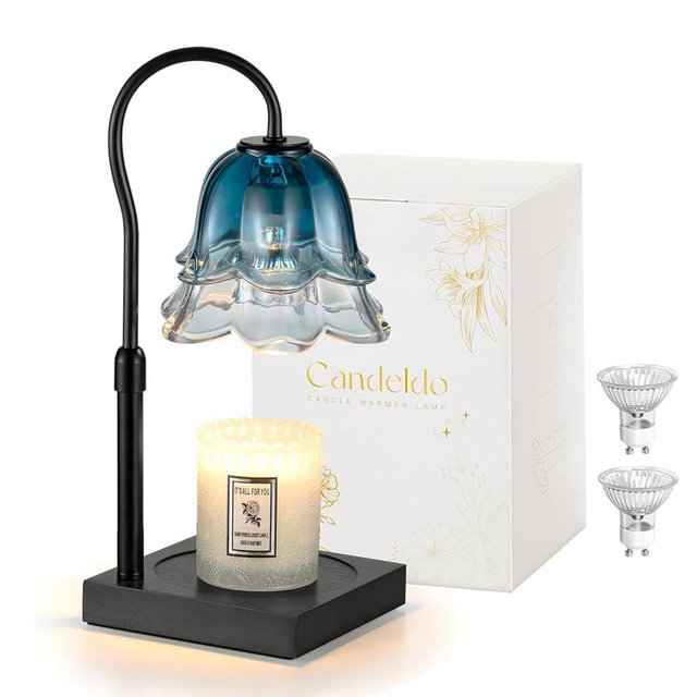 Candeldo Candle Warmer Lamp with Timer: Navy Blue Flower Candle Warming Lamp with 2 Bulbs Height Adjustable Wax Warmer Dimmable Bedroom Decor Mothers Day Birthday Gift for Women