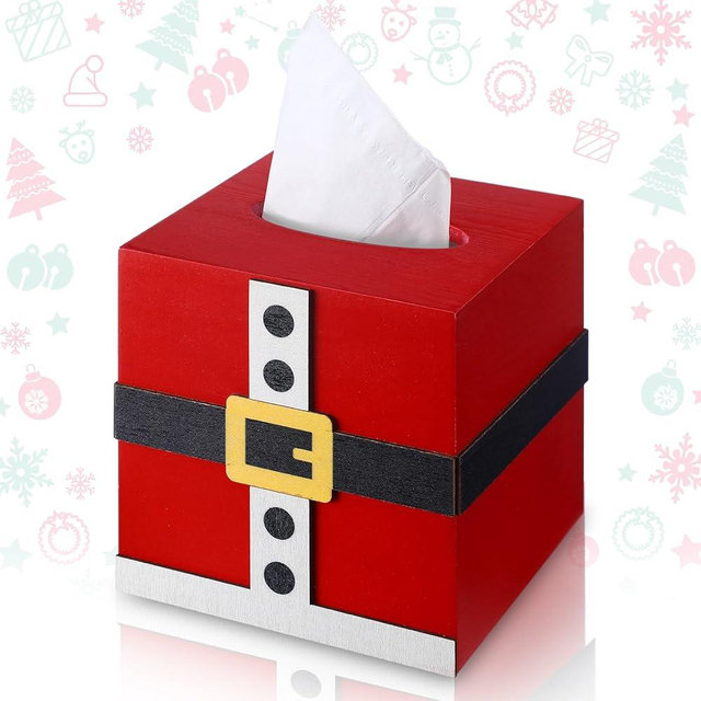 Cinnvoice Christmas Tissue Box Cover 6 x 6 x 6 Inch Wooden Decorative Tissue Box Holder Square Christmas Paper Towel Holder Cube Boxes Funny Cube Case for Home(Santa Claus)