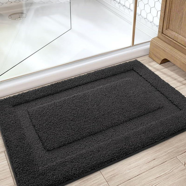 LUMI Bathroom Rug, 17"x30" Soft Absorbent Bath Mat, Non-Slip Rubber Backing, Machine Washable Bath Rug for Shower, Bathtub, Bathroom Floor, Black