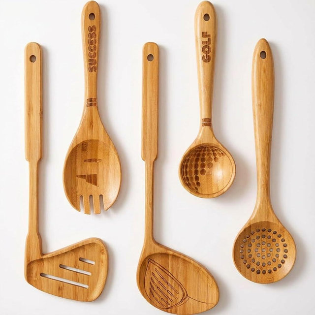 Newtay 5 Pcs Golf-club Style Kitchen Utensil Set Father's Day Gift Bamboo Spatula Soup Spoon Fun Golf Themed Kitchen Utensil Set for Gift Funny Birthday Gifts for Dad Father Men Golfers
