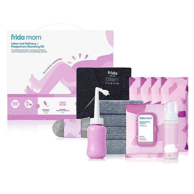 Frida Mom Hospital Packing Kit for Labor, Delivery, & Postpartum | Nursing Gown, Socks, Peri Bottle, Disposable Underwear, Ice Maxi Pads, Pad Liners, Perineal Foam, Toiletry Bag, 15 Piece Set