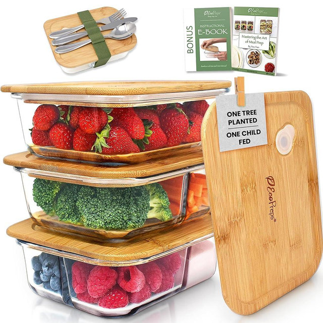 EcoPreps 1, 2 & 3 Compartment Glass Meal Prep Containers with Bamboo Lids [3 Pack, Variety Pack] 100% Plastic Free Food Storage Containers, Airtight Glass Lunch Boxes, Glass Bento Box Lunch Containers