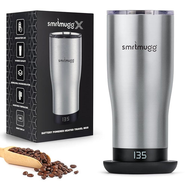 SMRTMUGG X Heated Coffee Mug 19 oz., 8 Hour Battery Life, Self-Heating, Adjustable Temp Controlled, LCD Screen, Includes Cover with Magnetic Slider (Black) (Stainless Steel)