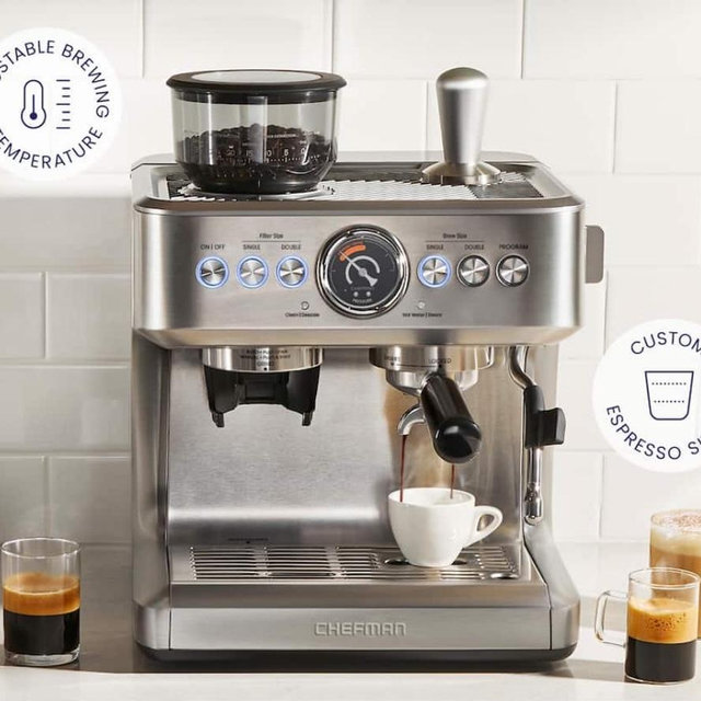 Chefman - Crema Supreme Espresso Machine with Conical Burr Grinder and Steam Wand - Stainless Steel