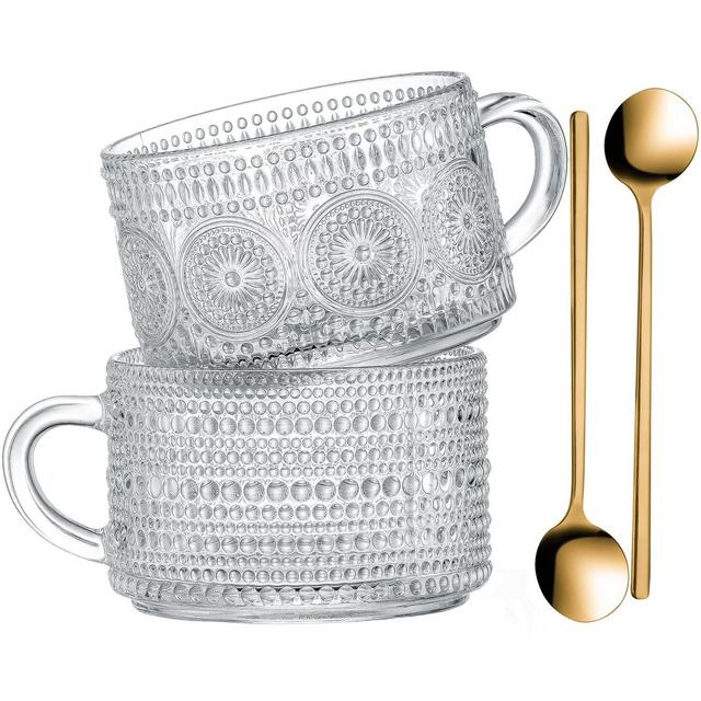 Gezzeny Vintage Coffee Mugs, Glass Coffee Mugs 14 Oz Set of 2 Clear Embossed Glass Cups, Tea Cups, Glass Coffee Cups for Cappuccino, Latte,Cereal, Yogurt, Beverage Hot/Cold Mother's Father's Day Gifts