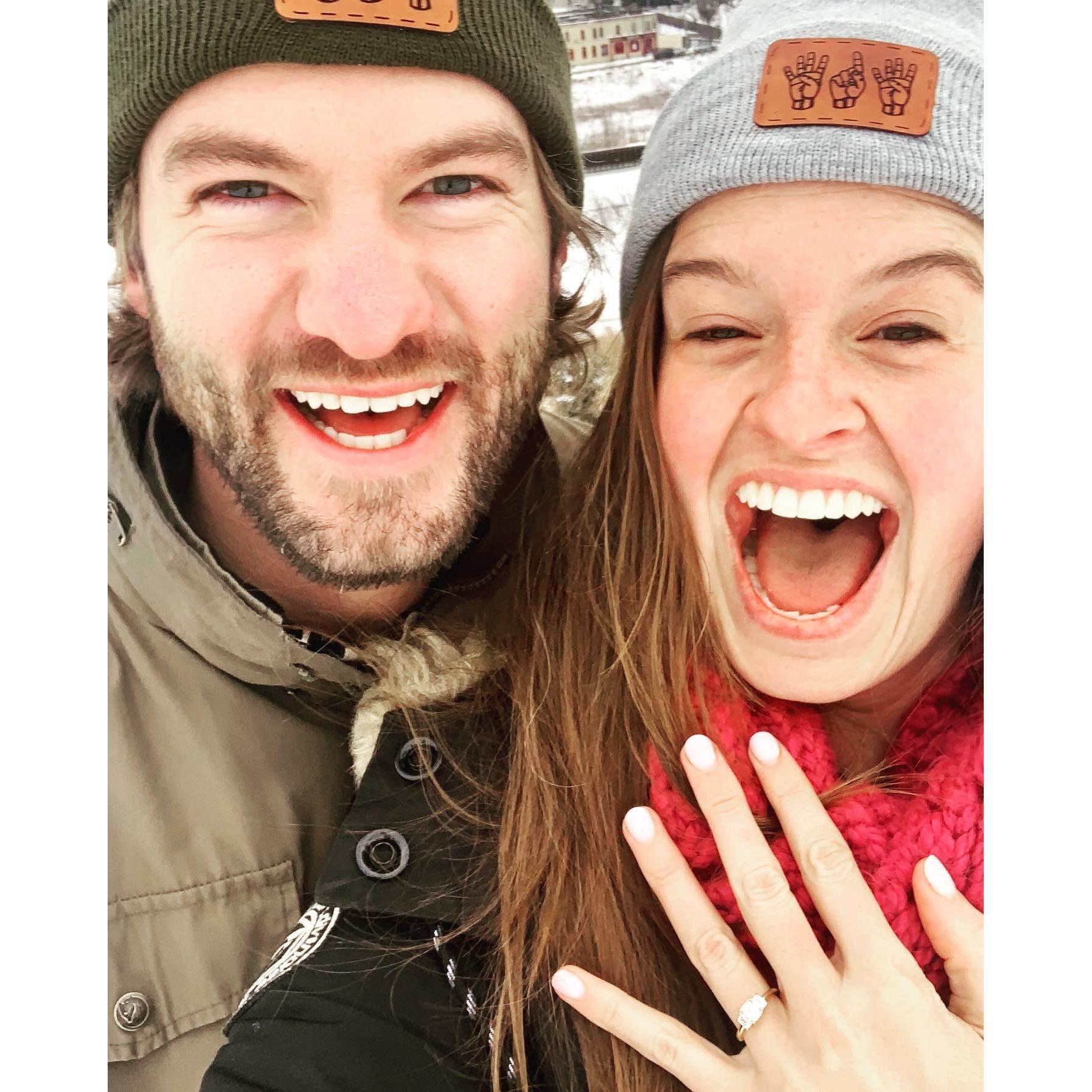 Mike popped the question on a snowy New Years Eve morning on a walk past our soon-to-be home on Kadish Hill. 

Not pictured: Dad sledding with his kid clapping in the background