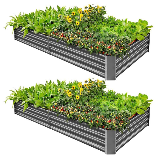 Land Guard 2 Pack 8×4×1ft Galvanized Metal Raised Garden Bed, Metal Planter Kit Box Outdoor for Deep-Rooted Vegetables, Flowers, Green and Herbs (Mid-Grey)