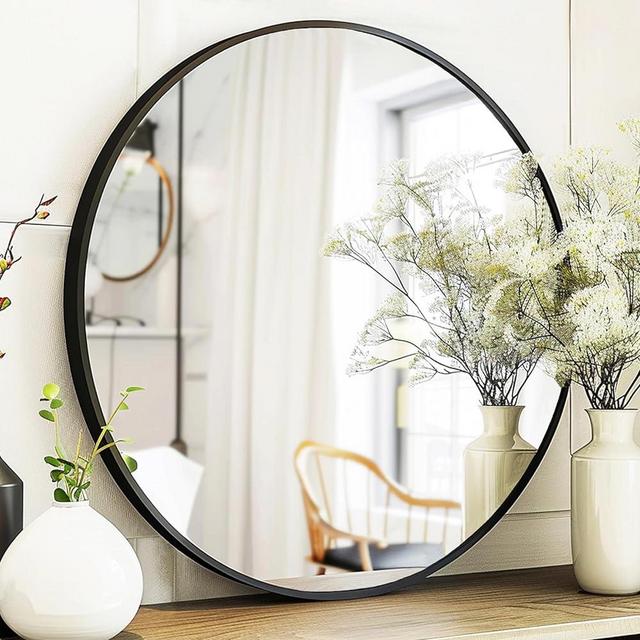 Sunniry Round Mirror 28 inch, Round Black Mirror, Round Bathroom Mirror Metal Frame, Wall Mounted Circle Mirrors for Bathroom, Living Room, Hallway, Farmhouse.
