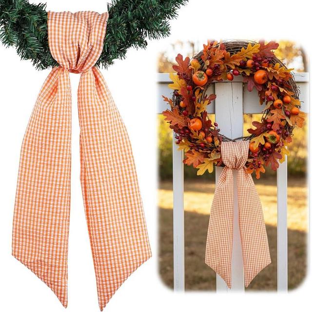 NUVCELKA Orange Gingham Wreath Sash for Front Door Wreath, 5.12" Wide x 54" Fall Thanksgiving Farmhouse Country Harvest Autumn Holiday Door Decorations