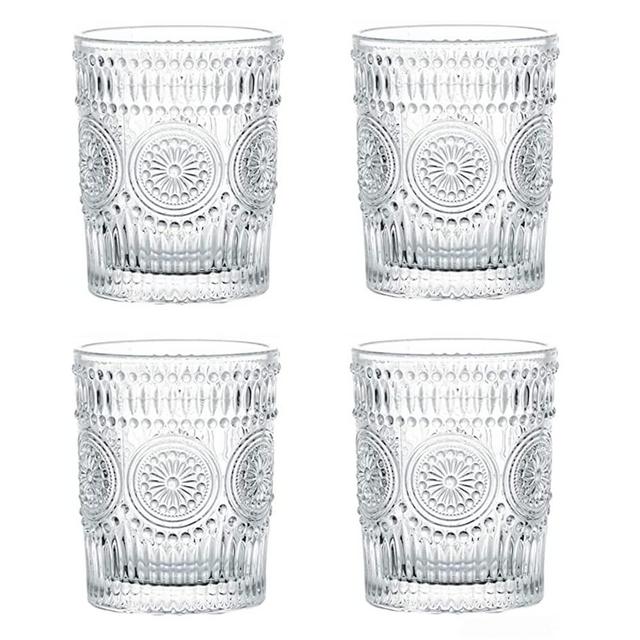 Amzcku Vintage Drinking Glass Set of 4, 10 oz- For Cocktails, Mixed Drinks, Whiskey, Beverage, Water, Milk and Juice