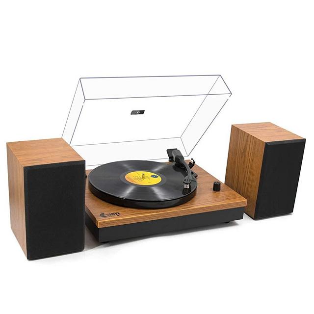 Bluetooth Record Player with Magnetic Cartridge, Belt-Driven Turntable with Powerful External Speakers, 2-Speed Precision Turntable for 33⅓/45 RPM Vinyls, Adjustable Counter Weight,Natural Walnut