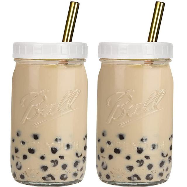 Bedoo Bubble Tea Cups 2 Pack, Reusable Wide Mouth Smoothie Cups, Iced Coffee Cups With White Lids and Gold Straws Ball Mason Jars Glass Cups, Travel Glass Drinking Bottle (32oz, Gold Straws)
