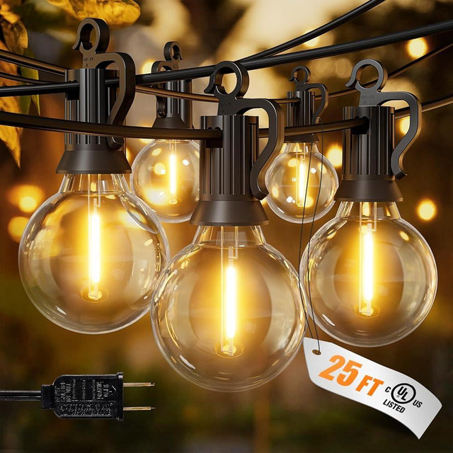 Brightown Outdoor String Lights, 25FT 12 G40 Bulbs Shatterproof Patio Lights, IP65 Waterproof Dimmable Hanging Connectable Globe LED Outdoor Lights for Backyard, Bistro, Porch, Deck, Balcony