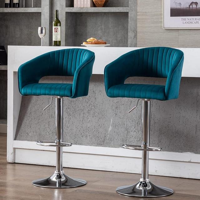 ZSARTS Velvet Teal Bar Stools Set of 2, Modern Upholstered Swivel Barstools with Back and Footrest, Comfy Adjustable 24in Counter Stools Dining Chairs for Pub Kitchen Island, Teal
