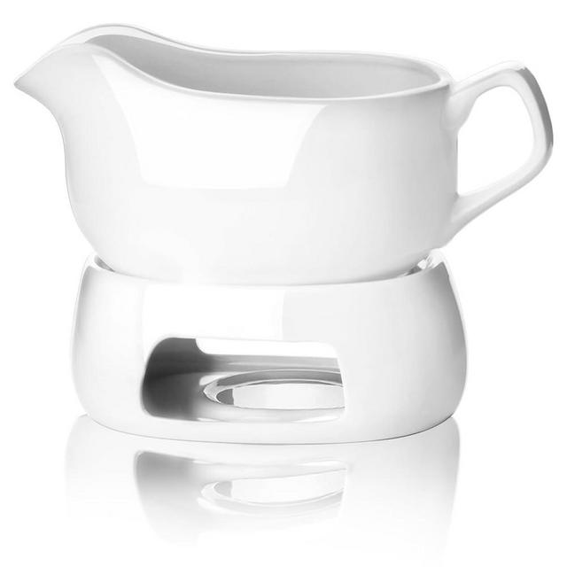 Nucookery Large 20 Oz Gravy Boat with Warmer, White Fine Porcelain Saucier with Big Dripless Lip Spout, Gravy Bowl For Thanksgiving, Warming Sauces, Salad Dressings, Microwave & Freezer Safe(Modern)