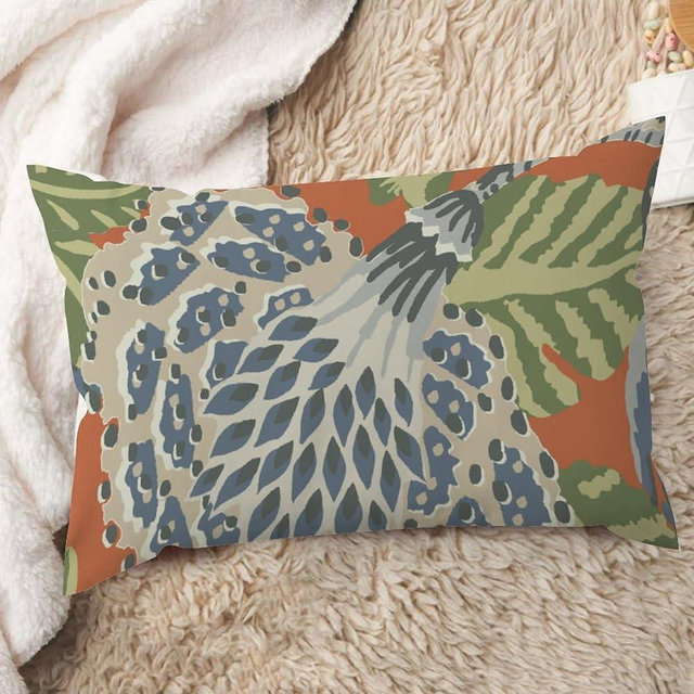 ArogGeld Navy Blue Flower Orange Farmhouse Cushion Cover Orange Chinoiserie Floral Home Decor Lumbar Throw Pillow Chinoiserie Chic Double Side Toss Pillows for Living Room 12x20in White Linen