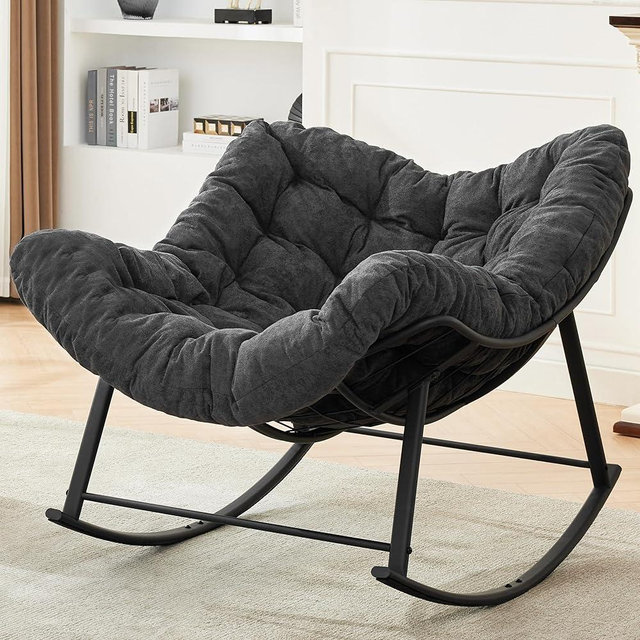 Reedvales Oversized Rocking Chair Indoor, Papasan Rocking Chair Outdoor, Lounge Chair with Cushion, Patio Egg Rocker Chairs, Comfy Reading Chairs for Bedroom, Living Room, Garden, Lawn, Dark Grey