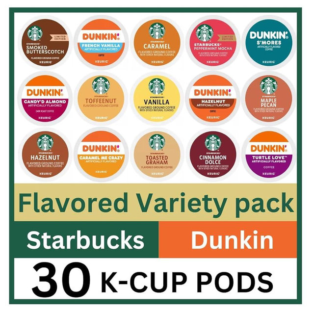 30 Count -- Flavored Starbucks & Dunkin Variety Pack Coffee Pods K Cup Sampler – Starbucks - Hazelnut, Cinnamon Dolce, Maple Pecan, Smoked Butterscotch, Toasted Graham, Caramel, Vanilla & Toffeenut. Dunkin - Turtle Love, Candy'd Almond, Caramel Me Crazy, S’mores, French Vanilla & Hazelnut for Keurig Brewers