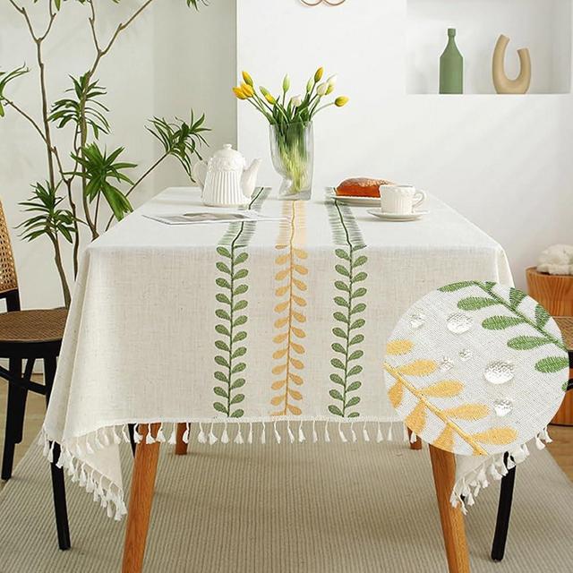 AMZALI Rectangular Tablecloth, Embroidery Leaf Pattern Table Cloth Wrinkle Free Heavy Weight Cotton Linen Farmhouse Tablecloth Tassel Fabric Table Cover for Dining, Kitchen, Buffet