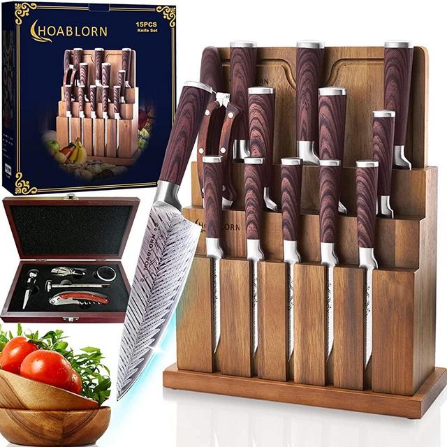 HOABLORN Acacia 15pcs Knife Block Set Series AK01 : Acacia Knife Block & Cutting Board , German Stainless Steel, Nice Damascus Pattern, Extra Wine Opener set ! Considerate Gifts for Family or Chefs!