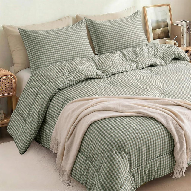 SunNewt Queen Comforter Set, Modern Plaid Checkered Bedding, Green Gingham Brown Grid Bed Comforter, Soft Fluffy Breathable Farmhouse Dorm Bedding, All Seasons 3 Piece Set | Gingham
