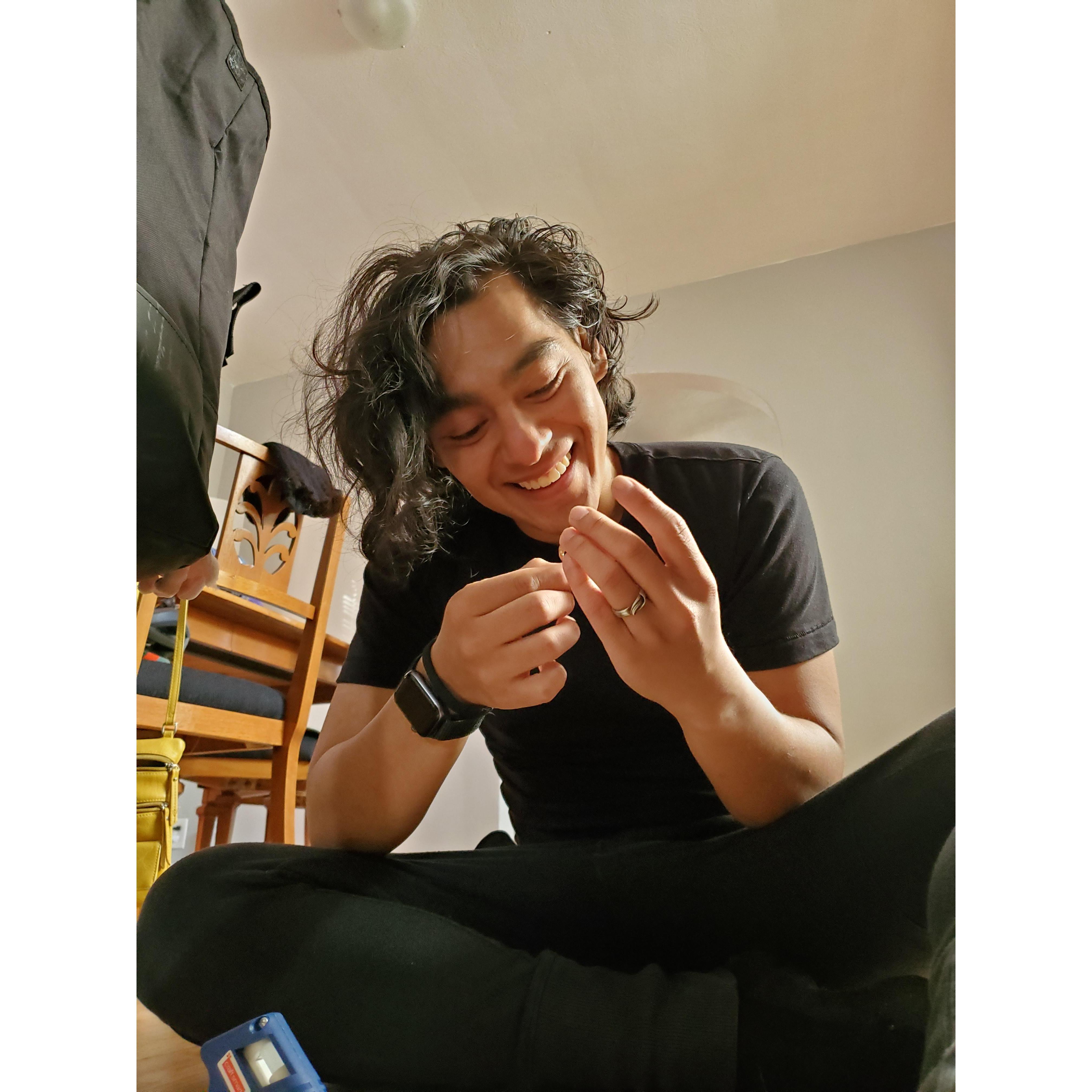 After getting our rings, we attempted to resize them to smaller size with hot glue. It sort of worked!