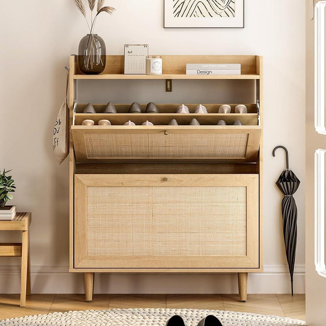 EYYTHUNG Rattan Shoe Cabinet with 2 Flip Drawers, Mid Century Modern Shoe Organizer, Boho Wooden Hidden Slim Narrow Shoe Rack Cabinet for Entryway, Hallway, Natural Oak