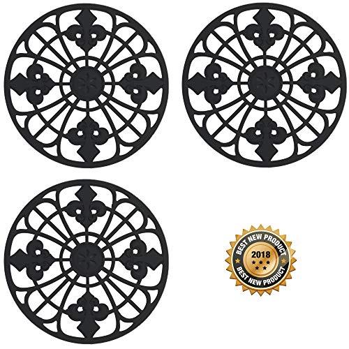 Silicone Trivet Set For Hot Dishes, Pots & Pans. These Kitchen Hot Pads"Fleur De Lis" Design (Symbol of Royalty) Mimics Cast Iron Trivets Without Scratching (7.5 inch Round, Set of 3, Black)