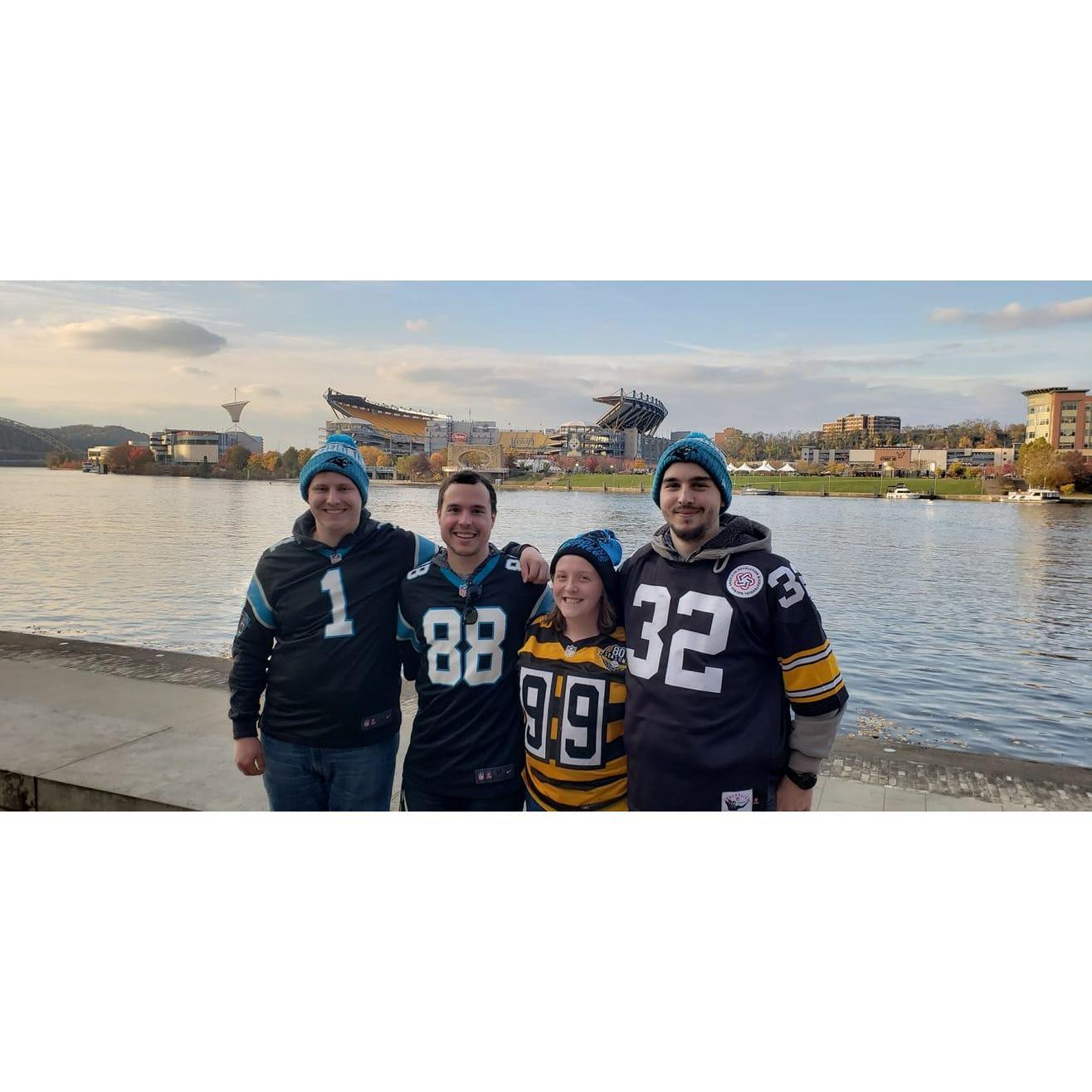 This game featured our two main teams: Panthers and Steelers. We had to prepare ourselves for a cold night game. My hat also has functioning lights.