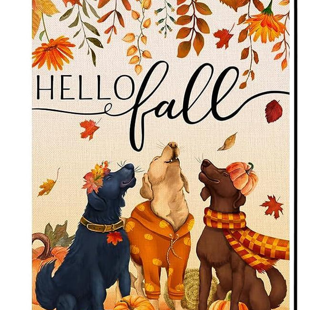 BLKWHT Fall Dogs Garden Flag 12x18 Vertical Double Sided Autumn Leaves Thanksgiving Holiday Outside Decorations Burlap Yard Flag BW506