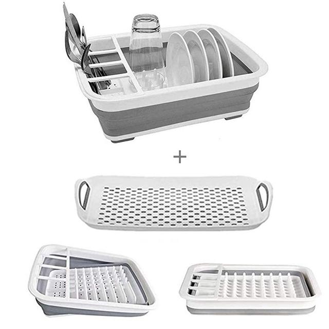Collapsible Dish Drying - Rack with Drainer Board Set Portable Dish Drainers for Small Kitchen Camper RV Caravan Travel Trailer (Grey)