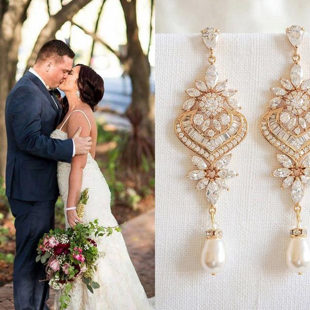 Gold Wedding Earrings, Chandelier Bridal...