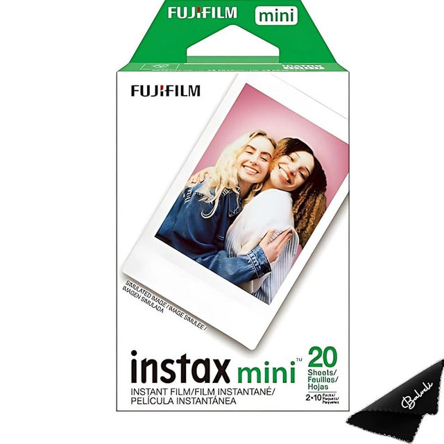 Fujifilm Instax Mini Film - Twin Pack 20 EXP Total, ISO 800, Compatible with Instax Mini Evo, 12, 11, 9 Models, Includes Balveli Premium Microfiber Cleaning Cloth