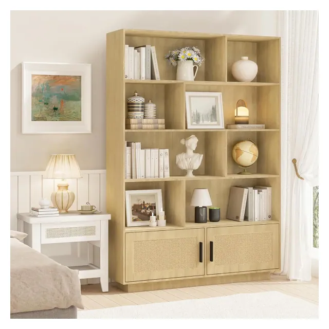 5 Tier Bookshelf, Boho Tall Bookcase with Rattan Doors, Wooden Bookcase with Storage, Large Bookshelf for Living Room, Bedroom, Home Office, Kitchen