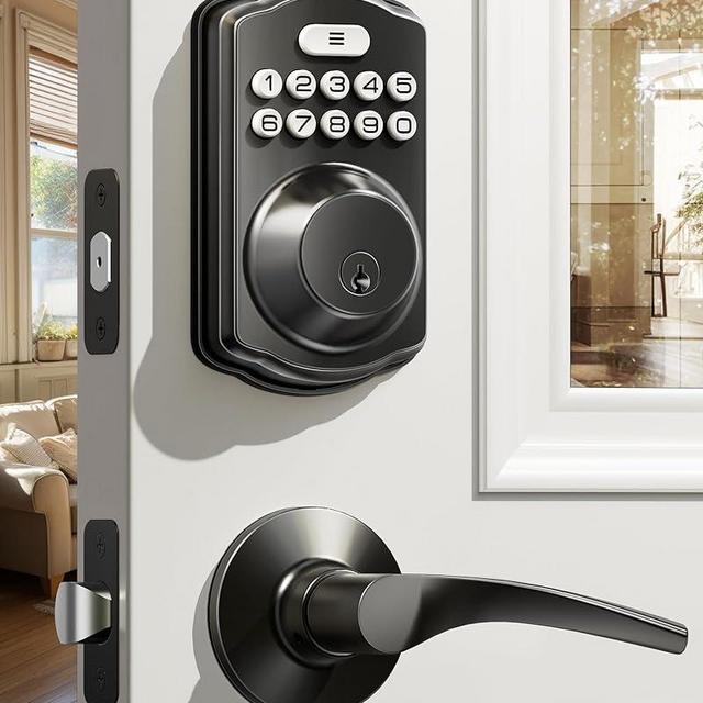 Veise Keyless Entry Door Lock with 2 Lever Handles - Electronic Keypad Deadbolt, Auto Lock, Easy Installation Digital Smart Code Door Lock, Front Door Lock Set, Matte Black