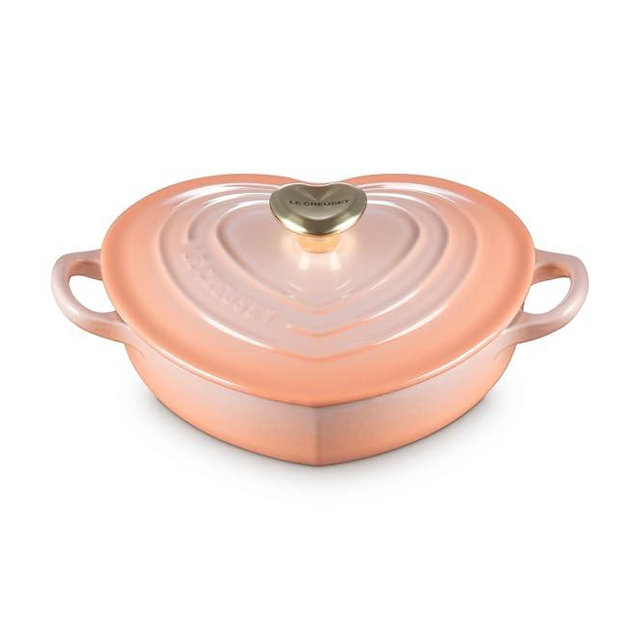 Le Creuset Enameled Cast Iron Traditional Shallow Heart Cocotte, 1.25 Qt., Peche Light Gold Heart Knob