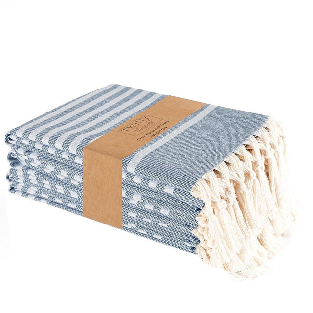 TWINY threads Set of 4 100% Cotton Turkish Kitchen Towels with Hanging Loop & Tassels (18" X 28") | Ultra Washcloth with Fringes | Reusable Hand Towels - Navy Blue